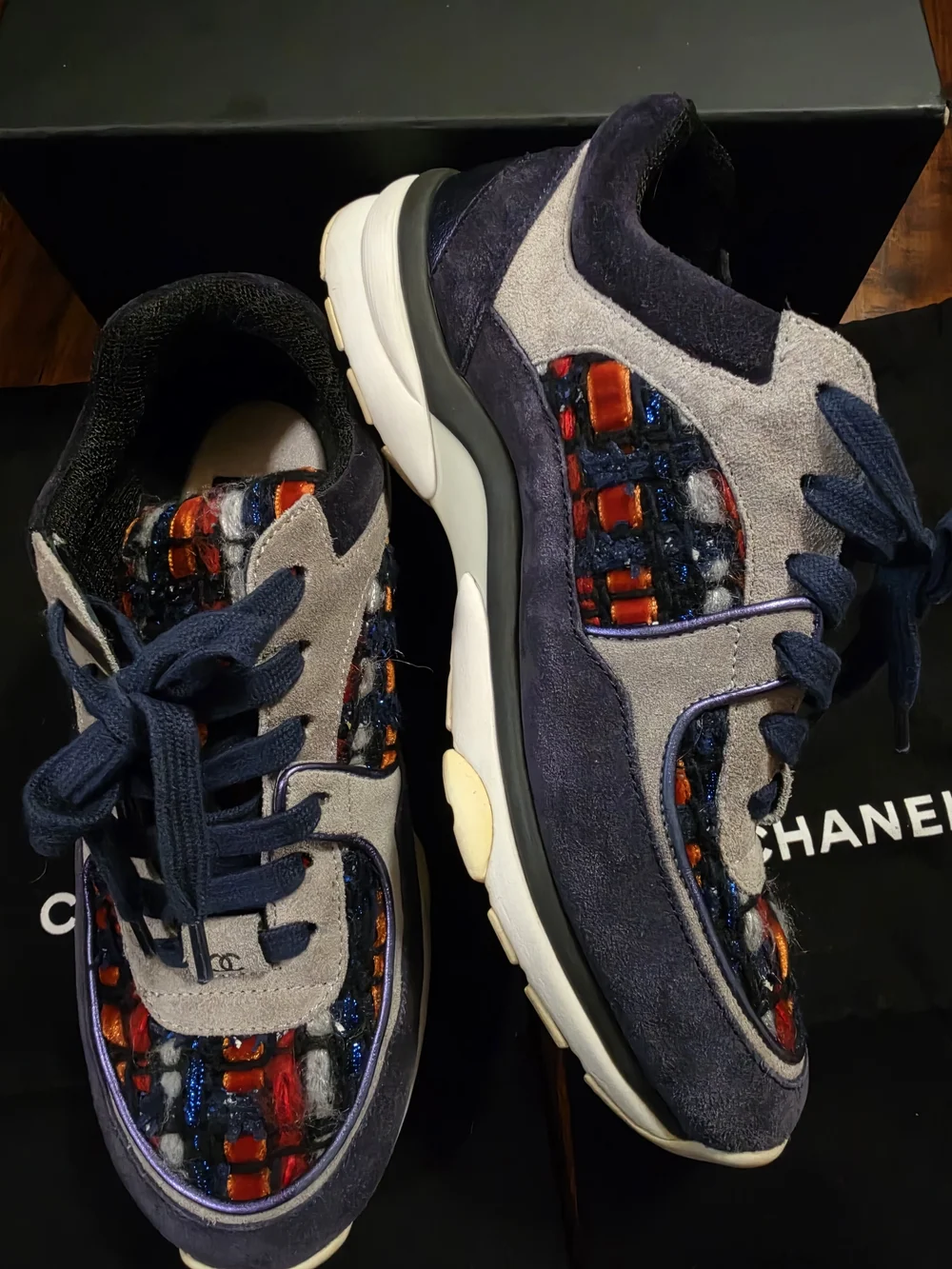 CHANEL Navy, Red and Gray Tweed Kids Sneakers